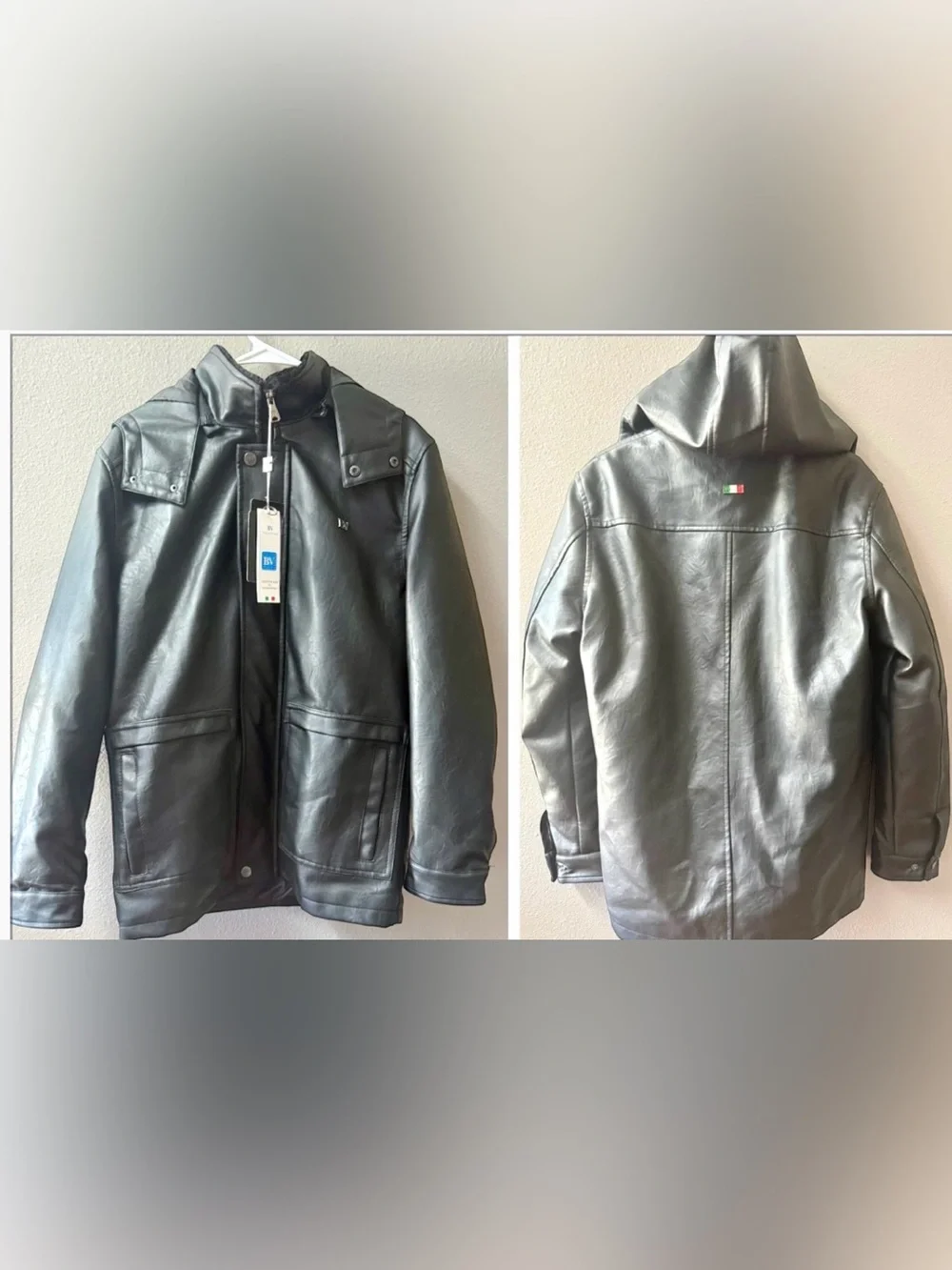 BV BOTTEGA VENETA REMOVEABLE HOOD FLAP POCKET ZIP UP FAUX LEATHER JACKET M~NWT